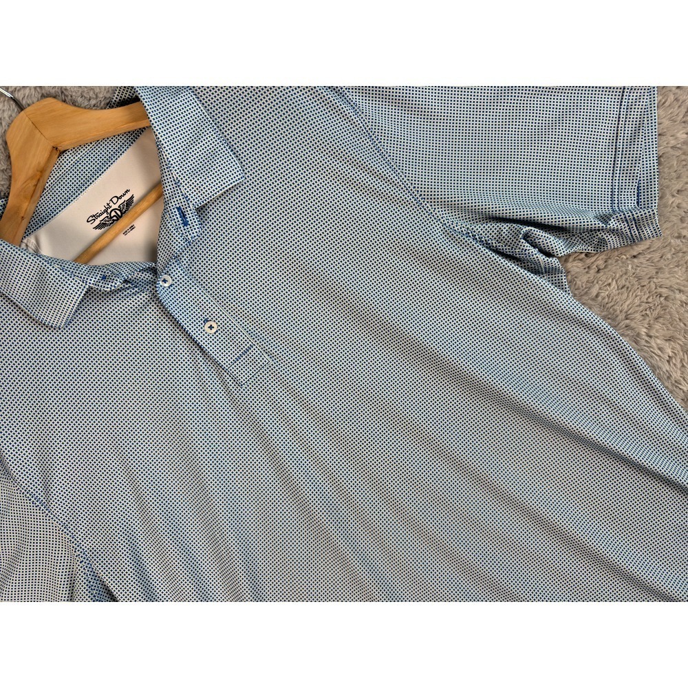 Straight Down Mens XL Blue White Micro Check Performance Golf Polo Shirt
